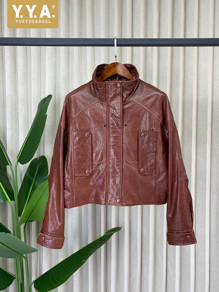 Leather Work Jacket Women'S - Modna damska luźna kurtka z prawdziwej