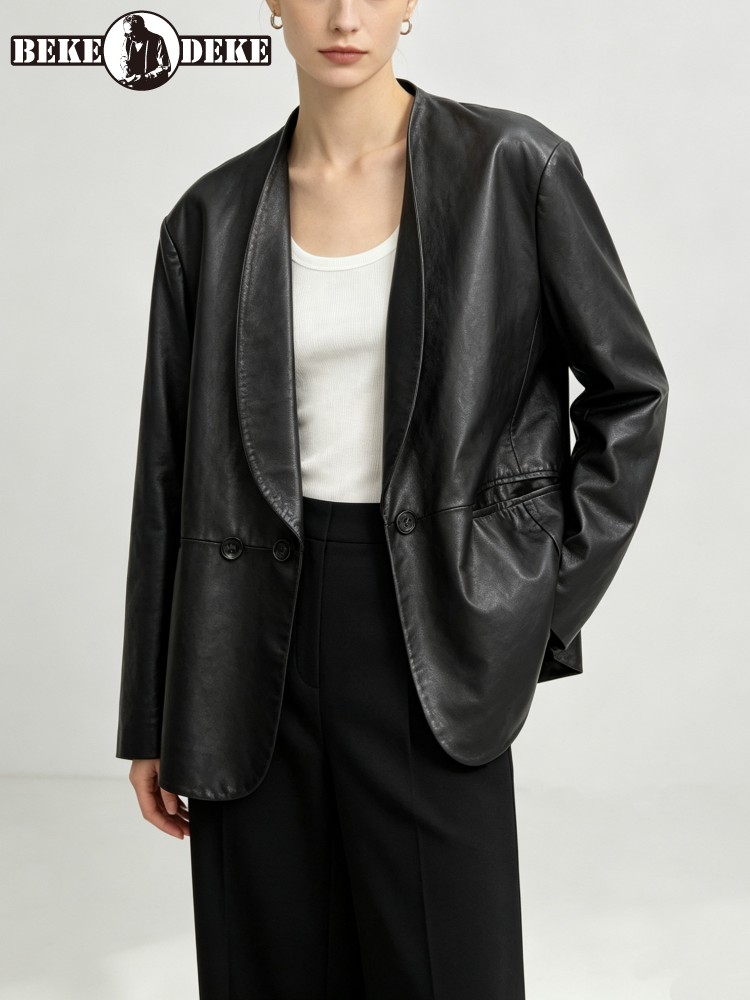 Leather Work Jacket Women'S - Damska, luźna marynarka/kurtka ze skóry owczej,