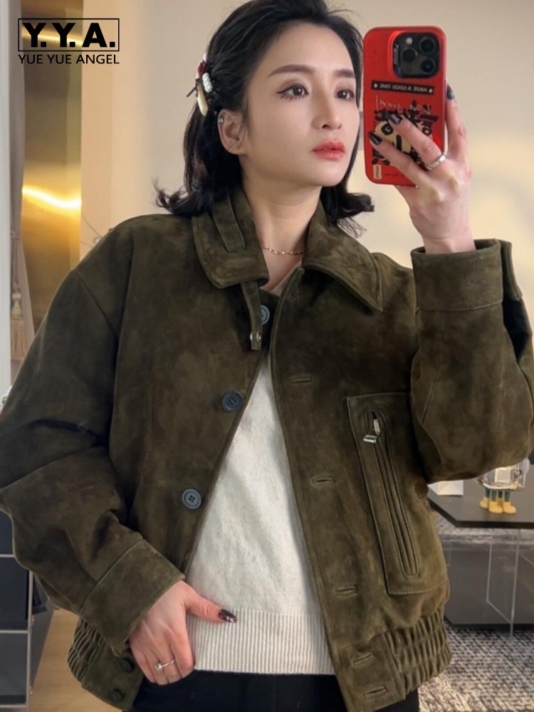 Leather Work Jacket Women'S - Luksusowa damska kurtka retro z owczej