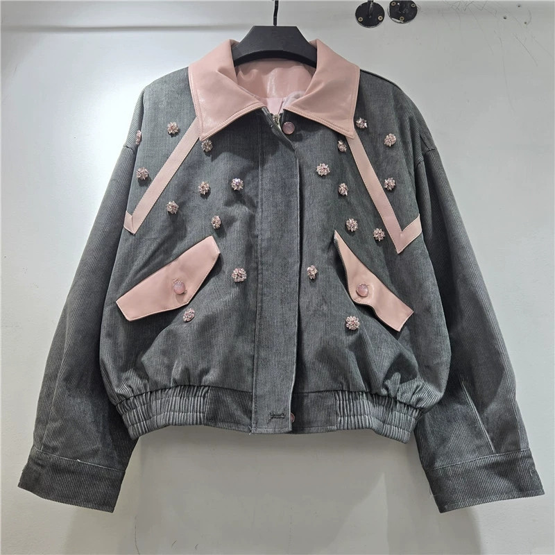 Leather Work Jacket Women'S - Kurtka sztruksowa z ciężkimi zdobieniami z