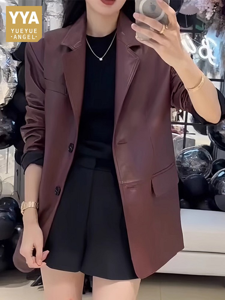 Leather Work Jacket Women'S - Jesienna damska marynarka do biura, średniej