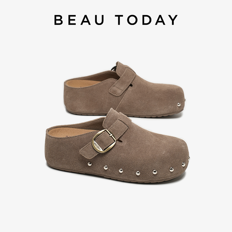 Leatherwork Rivets - BEAUTODAY Casualowe Klapki Damskie ze Skóry