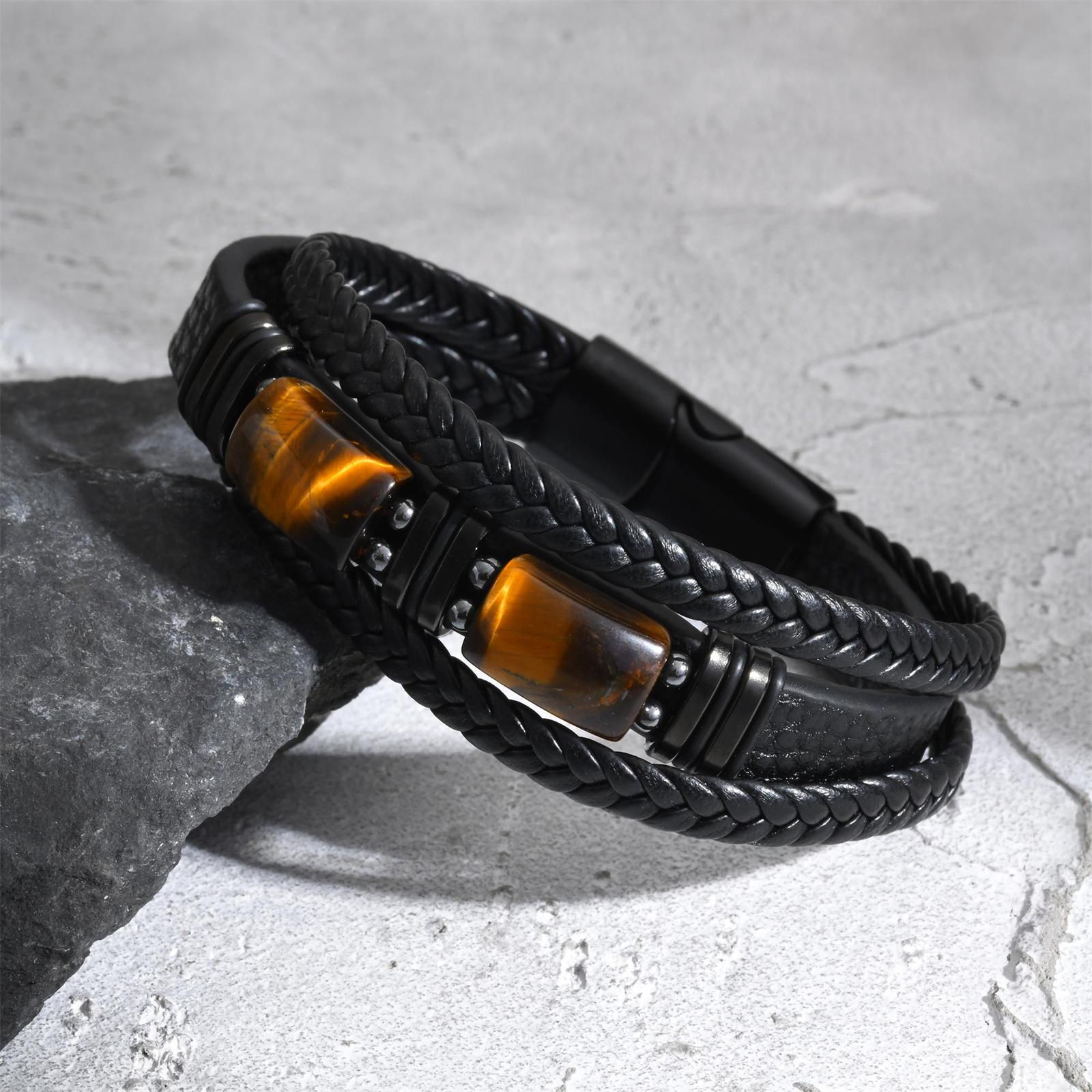 Leatherwork Jewelry - Męska pleciona skórzana bransoletka z kamieniem