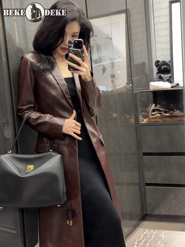 Leather Work Jacket Women'S - Włoski projektant kobiet długa kurtka z