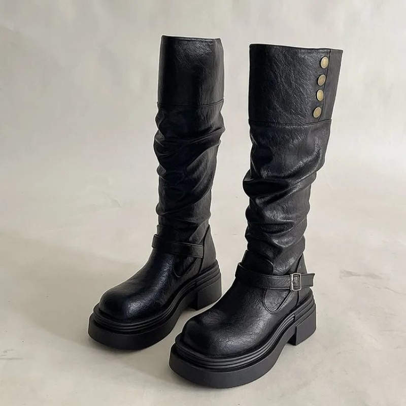 Leatherwork Rivets - Botki damskie do kolan w stylu