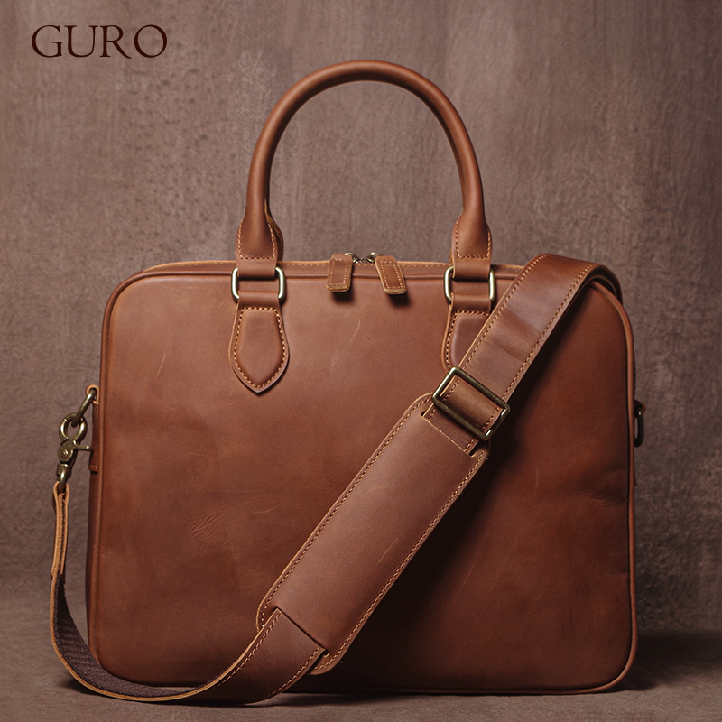 Leather Work Bag Men - GURO Men Crazy Horse teczka ze