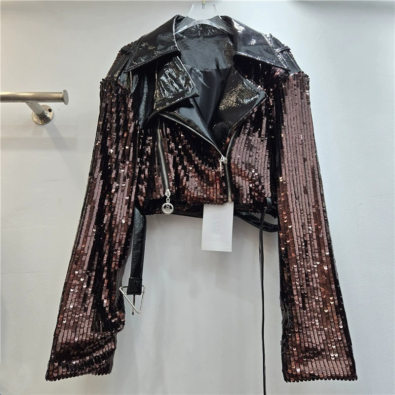 Leather Work Jacket Women'S - Krótka kurtka damska z cekinami i